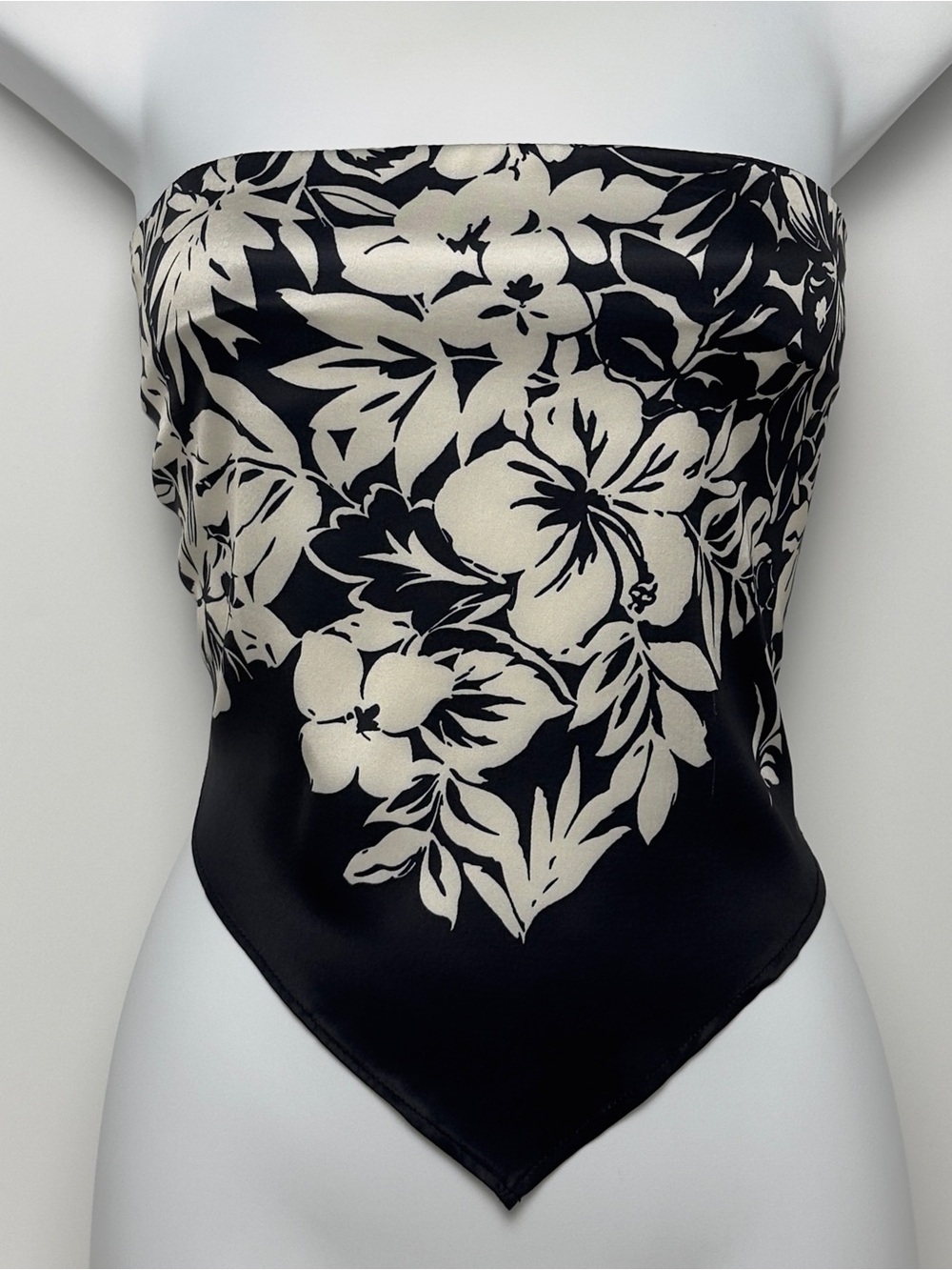 Beige Botany Floral Strapless Scarf Hem Tube Top in Black and Ivory - Size S